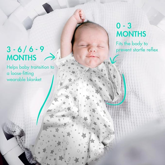 2-Pack Baby Transitional Swaddle Sleep Sack - Arms Up Transitional Swaddles with Removable Cuffs & 2-Way Zipper, Gray Stars Design, Breathable Cotton Sleep Sack (6-9 Month)
