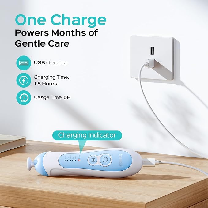 COSLUS Rechargeable Baby Nail File: Cordless Baby Nail Trimmer Electric, Baby Nail Clipper with 5 Speeds & 6 Grinding Heads for Baby Kid, CPC Certified & Quiet Design - Safe for Sleep Trim, C52 Blue