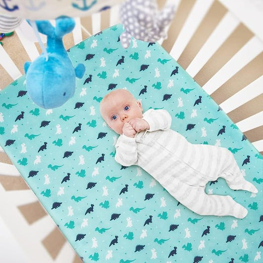 Mini Crib Sheets Set, 4 Pack - Portable Sheets (38" X 24") | Multiuse for Pack n Play, Playard, Playpen, Crib - Dinosaurs