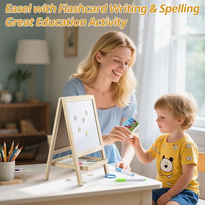Tabletop Painting Wooden Art Easel for Kids - 4-in-1 Double-Sided Drawing Board for Toddlers 2-4, Chalkboard & Dry Whiteboard with Markers, Eraser, Magnetic Letters/Numbers & Flashcards