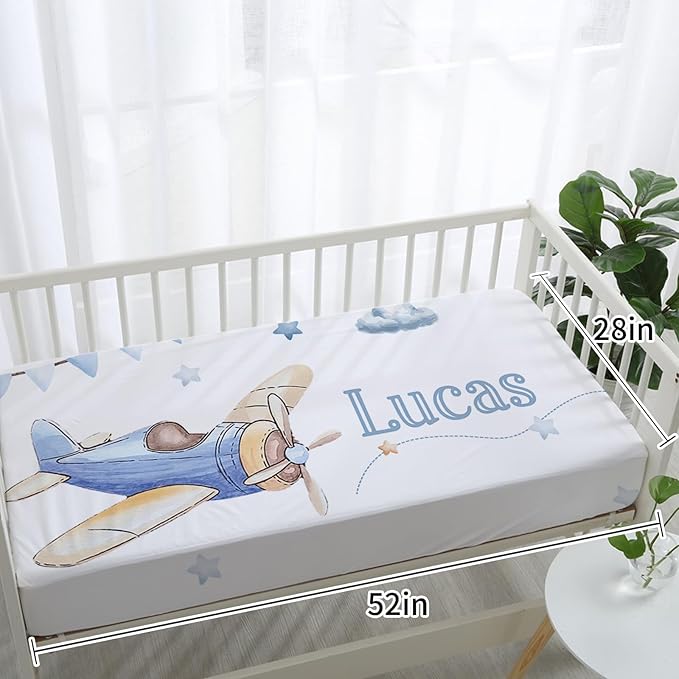 Personalized Baby Crib Bedding Set: 4 Piece Custom Gift Crib Bed Set with Name - Toy Airplane Design, Nursery Bedding Set for Baby Girls,Newborn Boys Girls Crib Sets, Crib Bedding Shower Gifts