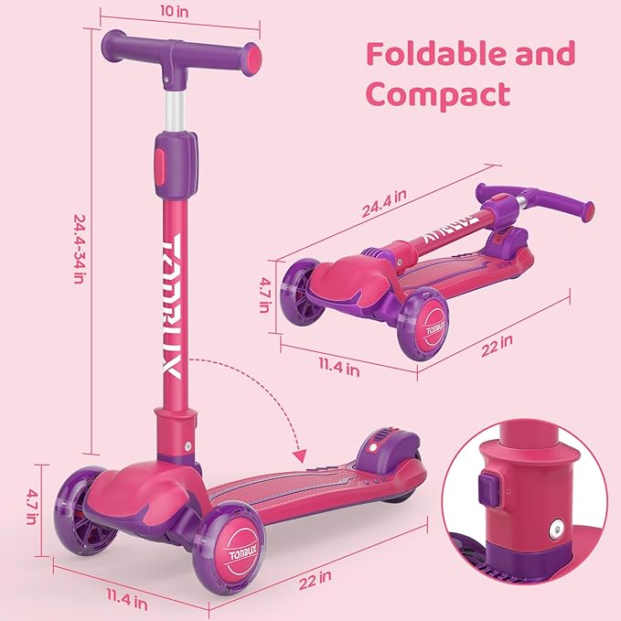 TONBUX Kids Scooter, Light Up 3 Wheel Kick Scooters for Kids 3-12, Folding Scooters with Adjustable Height - Toddler Scooter Lean-to-Steer & Widen Anti-Slip Deck