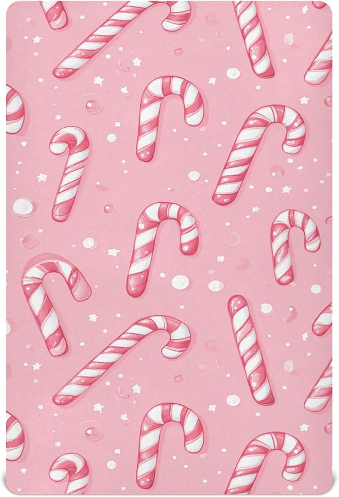 Christmas Pinks Candy Cane Crib Sheets Soft Breathable Fitted Baby Crib Sheets Mattress Cover for Girls Boys, 52" x 28" x 9"