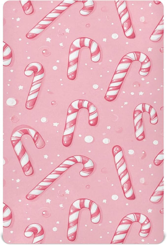 Christmas Pinks Candy Cane Crib Sheets Soft Breathable Fitted Baby Crib Sheets Mattress Cover for Girls Boys, 52" x 28" x 9"