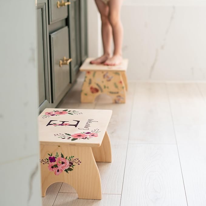 Daisy Step Stool for Toddlers- Personalized Wood Kids Step Stool with Name for Kitchen Sink, Bathroom, Potty Training, Toilet, Kitchen Sink- Sturdy and Safe- Made in USA by BloomOwl (Daisy)