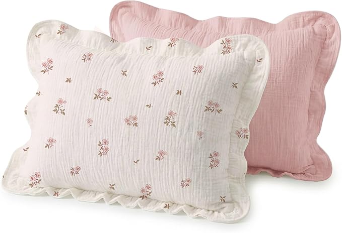 Muslin Ruffled Toddler Pillowcases 13"x18" 2 Pack, Soft, Breathable Muslin Cotton Travel Pillow Covers with Envelope Closure for Baby Boys, Girls & Kids (Vintage Blossom-Ruffled, 13 x 18 Inch)