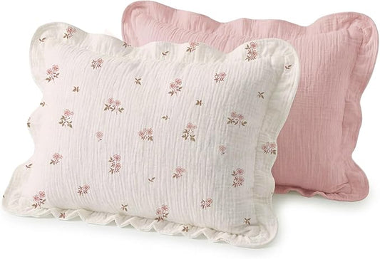 Muslin Ruffled Toddler Pillowcases 13"x18" 2 Pack, Soft, Breathable Muslin Cotton Travel Pillow Covers with Envelope Closure for Baby Boys, Girls & Kids (Vintage Blossom-Ruffled, 13 x 18 Inch)