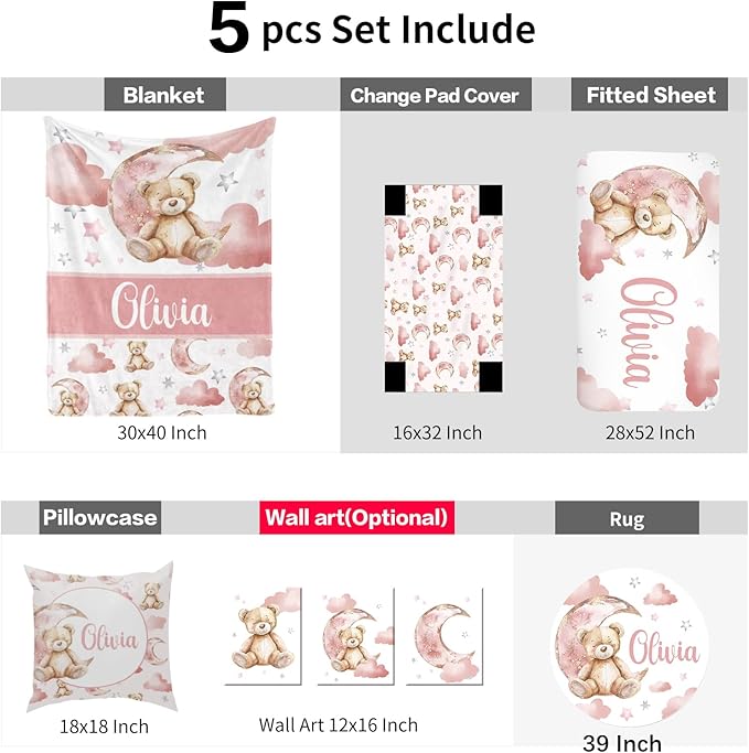 Custom Baby Bedding Set: Personalized Pink Sleeping Bear Bedding Baby Blanket Fitted Sheet Changing Cover Nursery Rug Room Decor Gift Idea