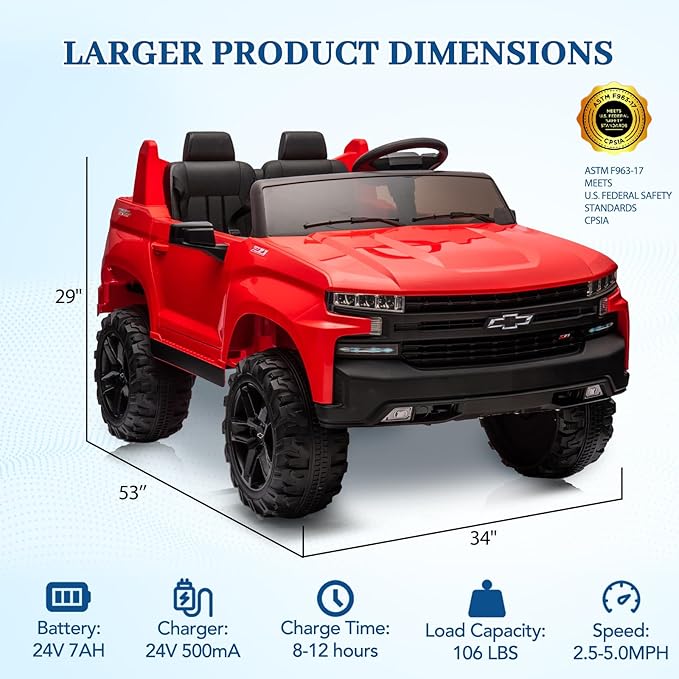 GarveeLife 24V 2-Seater Truck Licensed Chevrolet Silverado Ride On Car Kids Toy, Electric Vehicle Car for Toddlers with Parent Remote Control, Red