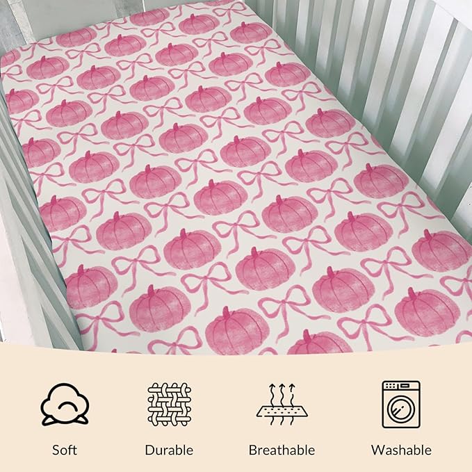 Fall Pumpkins Pink Bows Baby Crib Sheets Vintage Autumn Pumpkins Baby Sheet Thanksgiving Harvest Fitted Crib Mattress Cover for Standard Crib and Toddler Mattress 28"x52"