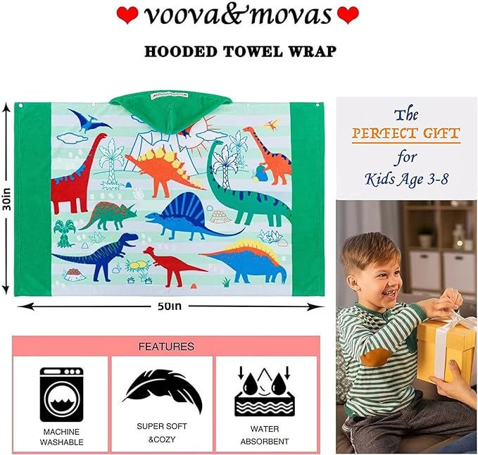 VOOVA & MOVAS Toddler Towels Age 3-8, 30''X50'',100% Cotton | Thick | Absorbent, Beach | Pool | Bath | Bathroom | Swim Towel | Wearable Wrap for Boys, Dinosaur | Dino