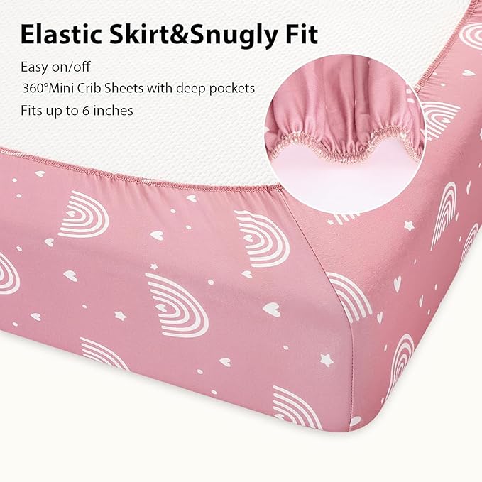 Baby Mini Crib Sheets Girl, Portable 38”x26” Pack and Play Sheets Fitted for Playard and Pack N Play Mattress, 3-Pack Soft Microfiber Pink Rainbow