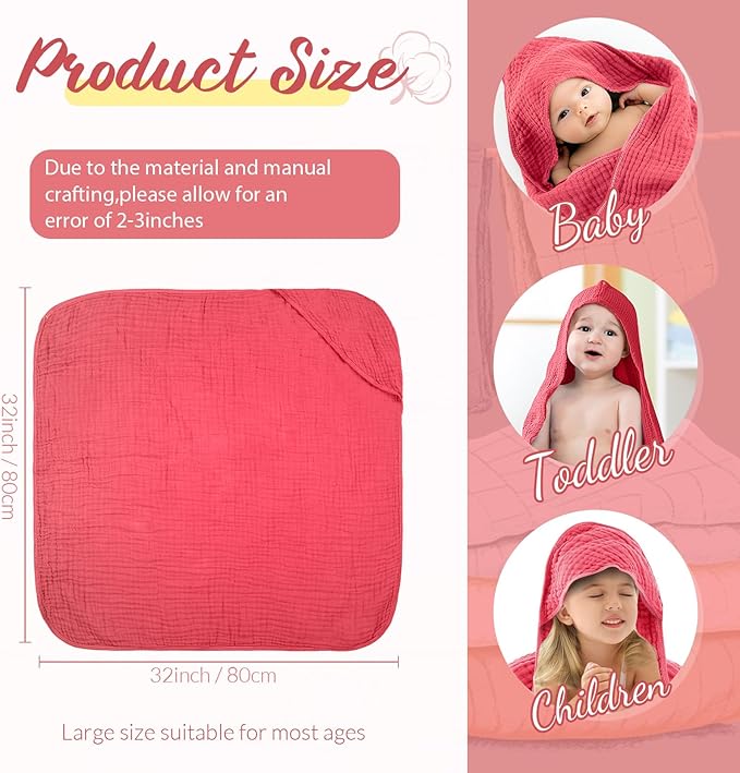 VitalCozy 6 Pcs Baby Muslin Hooded Bath Towels and Washcloths Muslin Cotton Hooded Baby Towels Absorbent Blankets for Gift Newborn Infant Shower (35 x 35 Inch,Cherry Red,Coral)