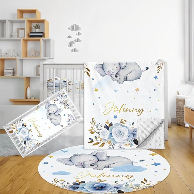 Custom Baby Bedding Set, 3 Pcs Personalized Name Crib Bedding Set for Nursery, Cute Baby Crib Set with Double Layer Blanket for Boys Girls, Customized Gifts for Toddlers Infants, Blue Elephant