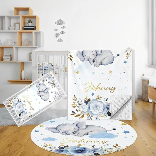 Custom Baby Bedding Set, 3 Pcs Personalized Name Crib Bedding Set for Nursery, Cute Baby Crib Set with Double Layer Blanket for Boys Girls, Customized Gifts for Toddlers Infants, Blue Elephant