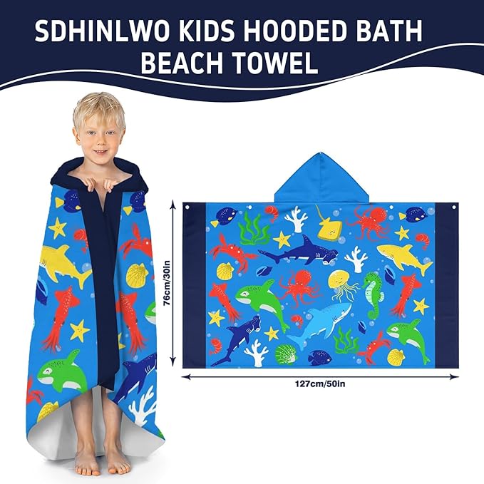 Thickened Hooded Towels for Kids Suitable Girls Boys Kids Bath Towels, 30"x50" Super Absorbent, Shark Cute Cartoon Toddler Towels Multi-Purpose for Beach, Pool and Bathroom