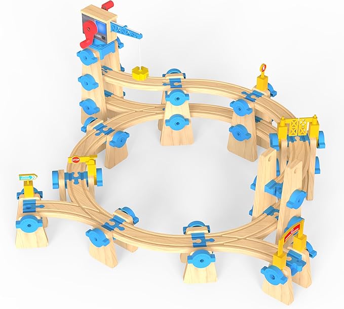 ORBRIUM Wooden Train Tracks Construction Mega Bundle – 273 Pc Elevated Building Toy with Bridges, Crane, Station, Tunnel & Gate – STEM Montessori Toys Fits Thomas, Brio & More