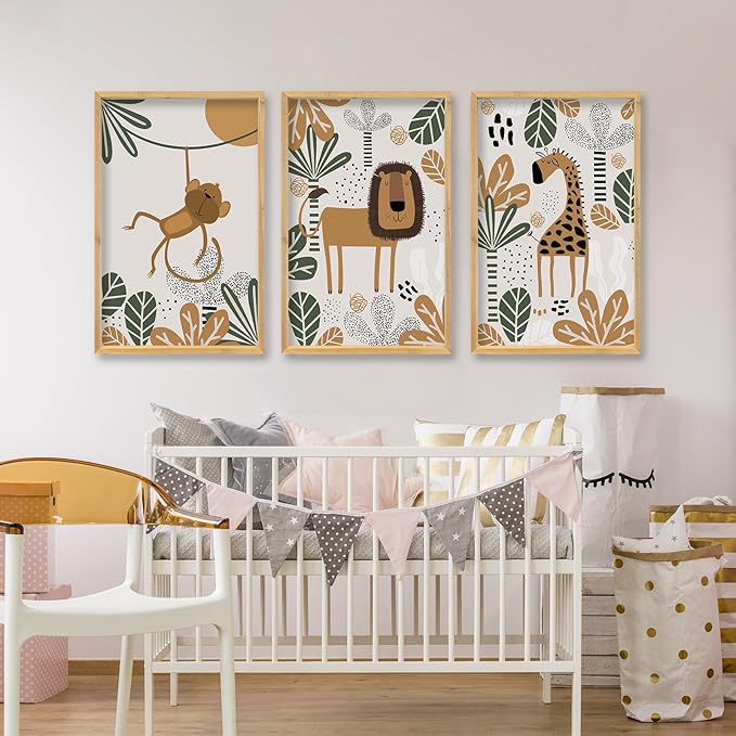 comurdyo Kids Cute Animal Wall Art Set of 3 Framed Safari Prints Cartoon Lion Monkey Giraffe Sign 16×11 Inch for Baby Room Toddler Nursery Children's Room Boho Rustic Wood Framed Hanging Decor (Wood)