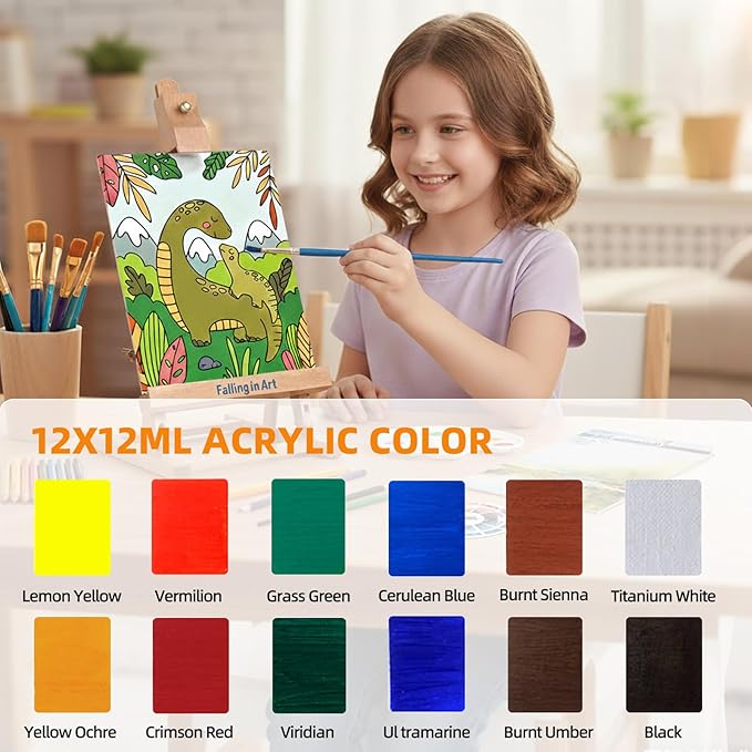 Falling in Art Tabletop Easel Set, Portable Wooden Art Easel Painting Kits for Kids, Easel for Painting Canvases, Including 12 Colors Acrylic Paints, 10 Paintbrushes and 4 Canvas Panels, Yellow