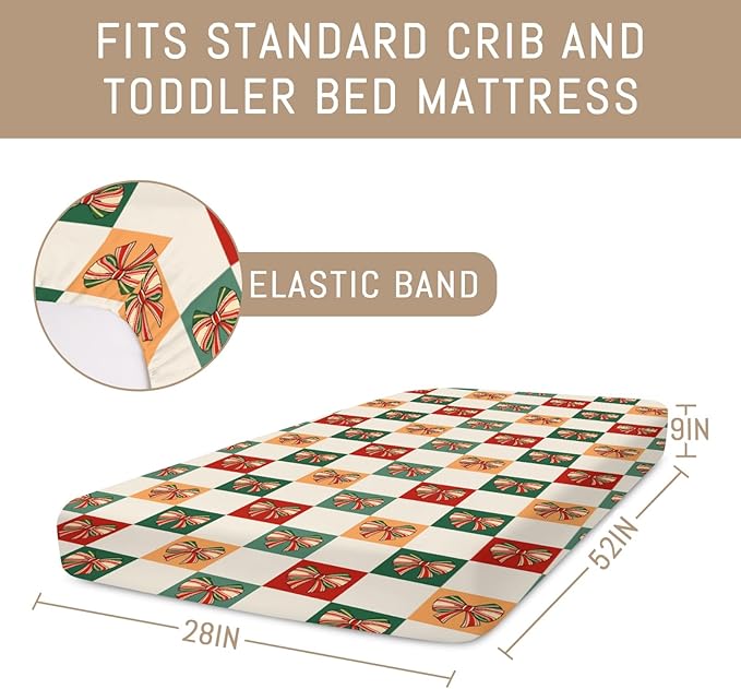 Checkerboard Christmas Bows Red Green Baby Crib Sheets for Boy Girl Vintage Bows Checkered Soft Snug Fitted Crib Mattress Covers for 52''x28'' Standard Crib & Toddler Mattress Ribbon Baby Bed Sheets