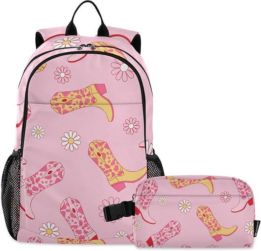 Jucciaco Western Cowgirl Boots and Flowers Backpack with Lunch Bag, School Travel Backpack for Teens Boys Girls Kids Backpacks Set