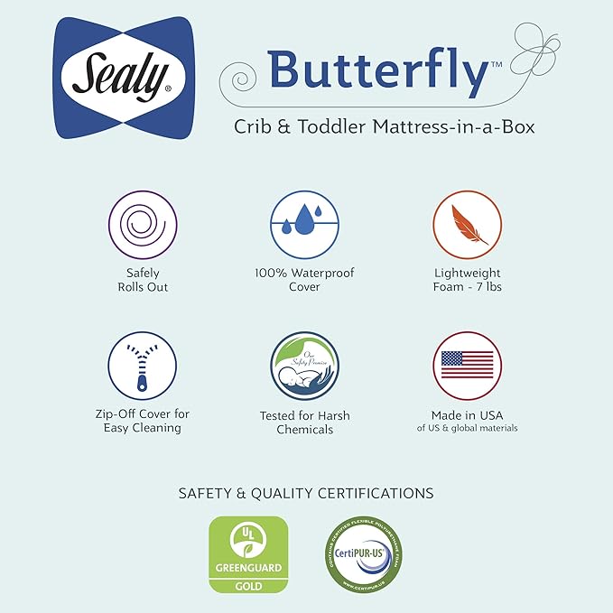 Sealy Baby Butterfly Crib Mattress plus Toddler Bed Fit, Premium American Foam, Washable Easy to Clean Zip Off Cover, GREENGUARD Gold Certified, Safety & Quality Tested, Made in USA, 52"X28" - Stripes