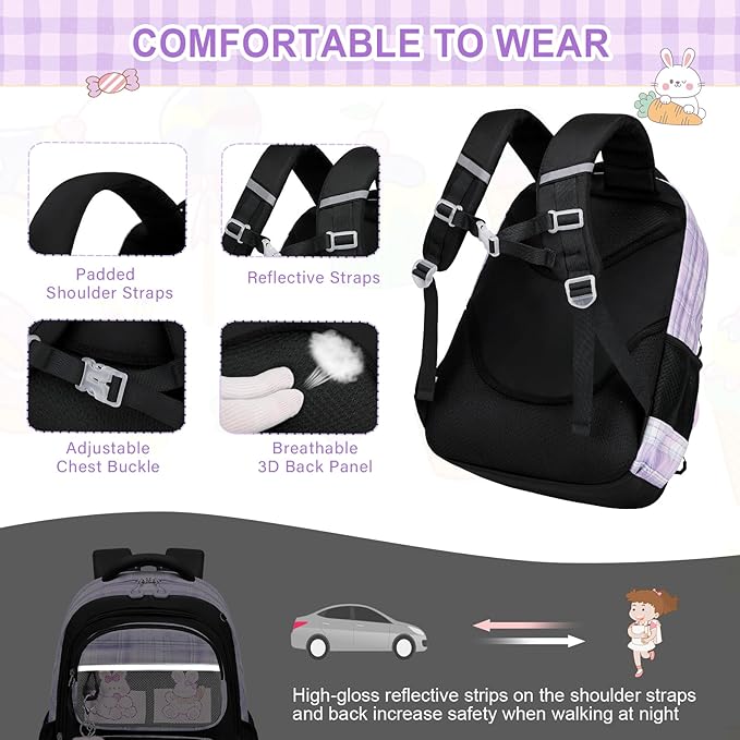Bevalsa School Backpack with Lunch Box - Kids Girls Bookbag for Elementary to College Students - Casual Travel Daypack - Black Purple