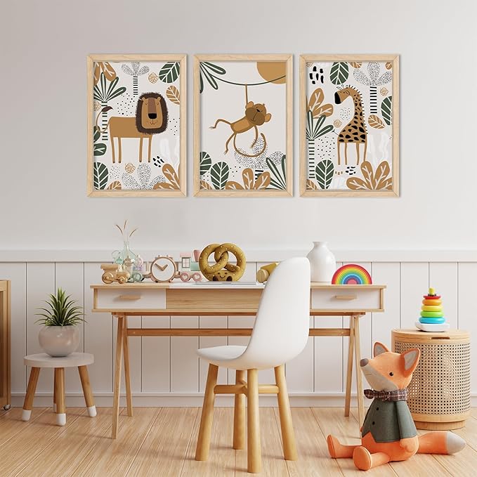 YWJKWLGS Kids Safari Animal Wall Art Set of 3 - Cartoon Lion Monkey Giraffe Prints - 11x16 inch Wood Framed Nursery Decor for Baby/Toddler Room - Boho Jungle Theme Kids Room Wall Decor (Wood)