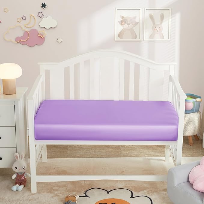 Horbaunal 2 Pack Satin Crib Sheets for Baby with Sensitive Hair, 52" x 28" x 8" Silky Fitted Crib Sheets, Soft Toddler Sheet Baby Mattress Sheet, Blush Pink & Violet
