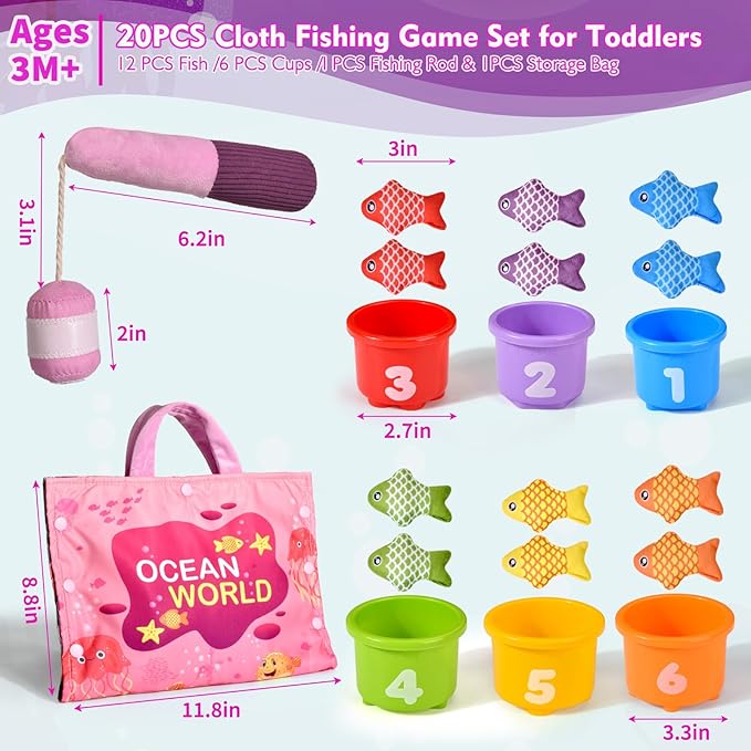 Montessori Toys for 1 Year Old Girl Gifts, Pink Cloth Fishing Toy for Toddler 1-3, Fine Motor Skills Toy Sorting Learning Baby Toys 6-12-18 Months, One Year Old Girl Boy Birthday Gifts