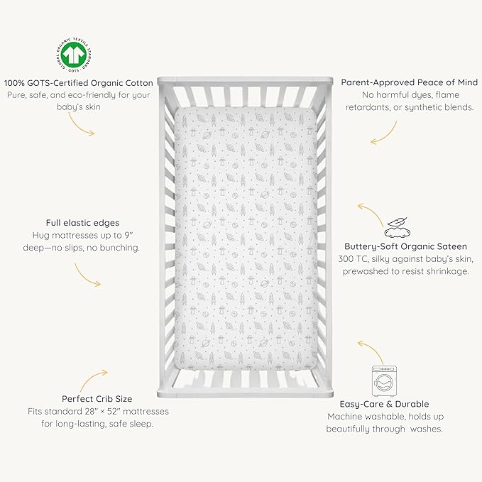 Makemake Organics GOTS Certified Organic Cotton Fitted Crib Sheet Soft Breathable (28"x52", Astronaut Blue)