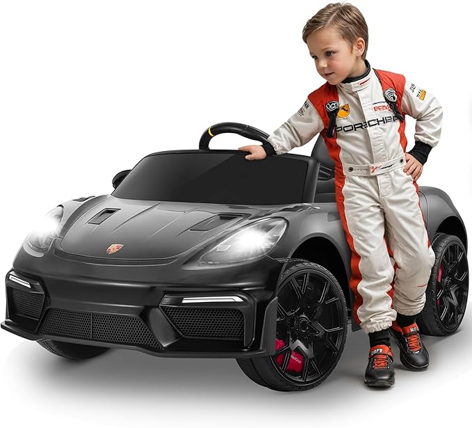 First Ride On Licensed Porsche 718 12V Electric Car for Kids, Ride on Toys for Toddler, Child Ride on Car w/Parent Remote, Led Lights, Openable Doors, MP3 Player, Smooth Start, 3 Speeds (Black)