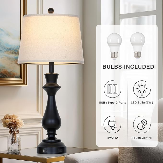 luxeflow Modern Black Table Lamp for Living Room,30" Tall Bedside Lamp with USB Charging Port,3-Way Dimmable Touch Nightstand Lamp for Bedroom Desk Side Table Office,Black-1P