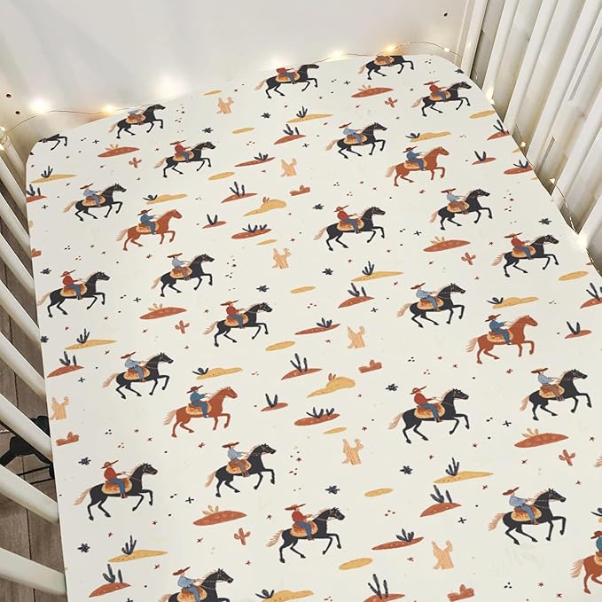 Vintage Western Cowboy Baby Crib Sheets for Boy Girl 28"x52" Retro Cowboy Horse Cactus Soft Stretchy Fitted Crib Mattress Cover Wild Desert Baby Sheet for Standard Crib & Toddler Mattress Pads