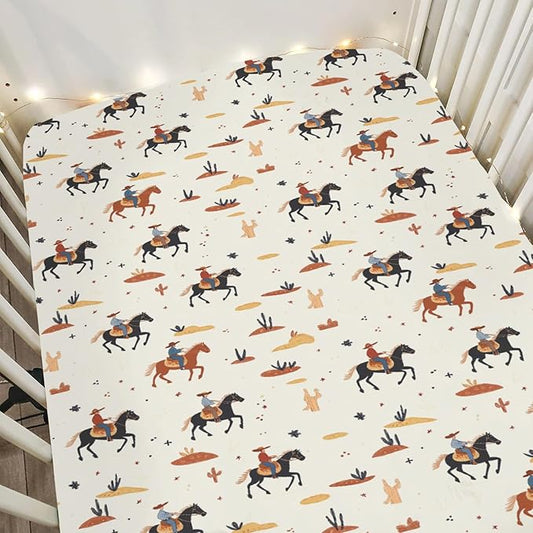 Vintage Western Cowboy Baby Crib Sheets for Boy Girl 28"x52" Retro Cowboy Horse Cactus Soft Stretchy Fitted Crib Mattress Cover Wild Desert Baby Sheet for Standard Crib & Toddler Mattress Pads