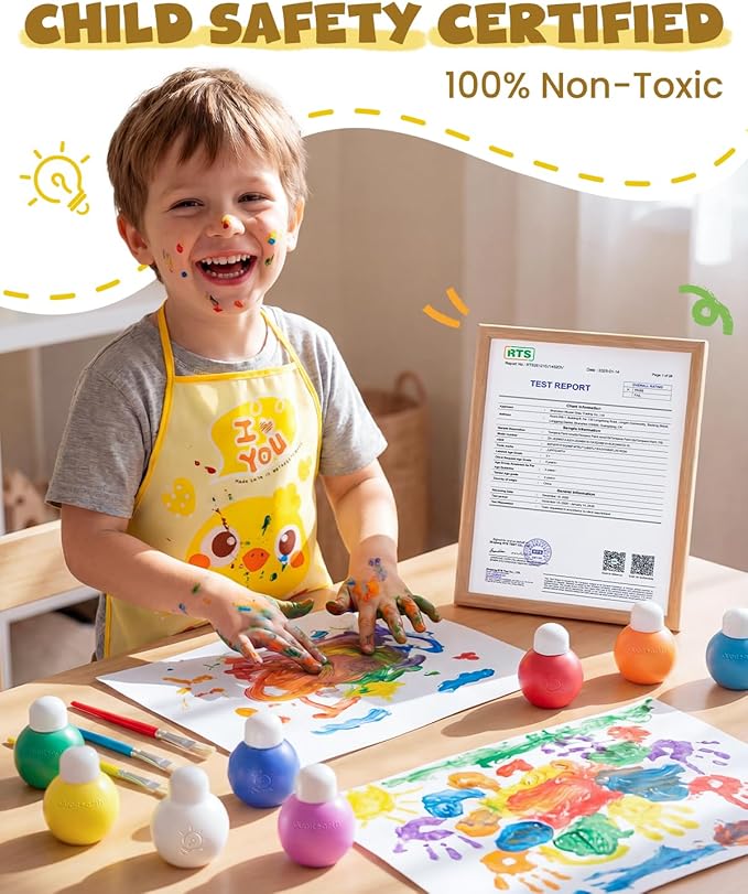 JUPITEARTH 10 Colors Washable Tempera Paint Set, 4.06oz(120ml) Non Toxic Finger Paints for Toddlers and Kids, Included Brush, Cups, Art Smock