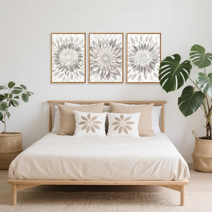 CHDITB Modern Floral Burst Framed Canvas Wall Art Set, Nature Flower Petal Wall Decor, Neutral Beige And Gray Botanical Painting, Contemporary Art Prints For Living Room Bedroom Office-16 x24 x3