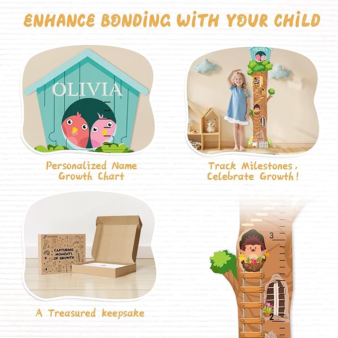 Personalized Name Growth Chart for Wall - Tree House Animals Kids Height Ruler, Wooden Growth Chart for Kids, Meaningful Memories Through Kid Size Chart Measurement