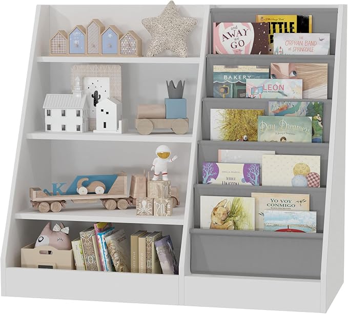 HedoAjim 4 Tier Kids Wooden Bookshelf, 5 Layer Sling Toddler Bookcase,Baby Storage Book Rack,Book and Toy Organizer Cabinet,Children Book Display,Playroom Nursery Classroom Kid Room