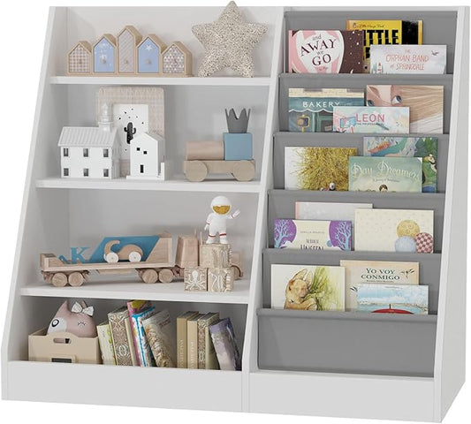 HedoAjim 4 Tier Kids Wooden Bookshelf, 5 Layer Sling Toddler Bookcase,Baby Storage Book Rack,Book and Toy Organizer Cabinet,Children Book Display,Playroom Nursery Classroom Kid Room
