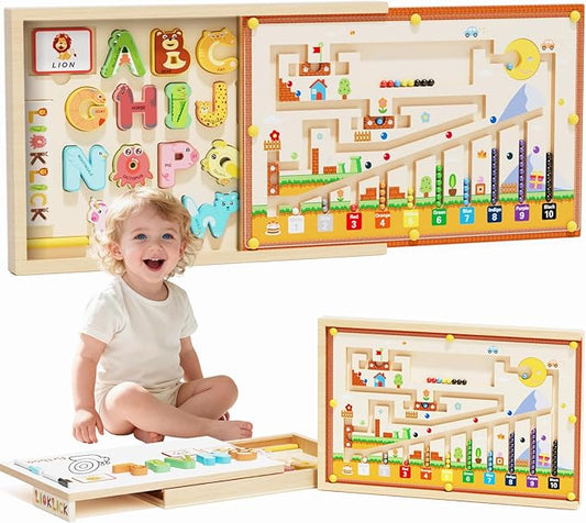 Wooden Montessori Toys with Storage Box for 3-5 Year Old, 4 in 1 Toddlers Educational Learning Toy- Magnetic Color and Number Maze, Animal Alphabet Puzzles, Drawing Board for Kids Boys Girls
