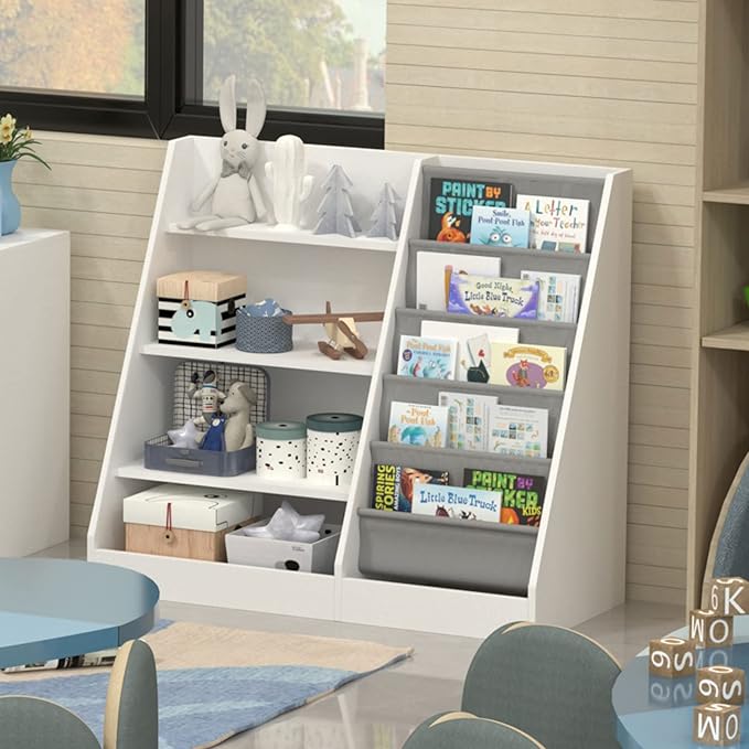HedoAjim 4 Tier Kids Wooden Bookshelf, 5 Layer Sling Toddler Bookcase,Baby Storage Book Rack,Book and Toy Organizer Cabinet,Children Book Display,Playroom Nursery Classroom Kid Room