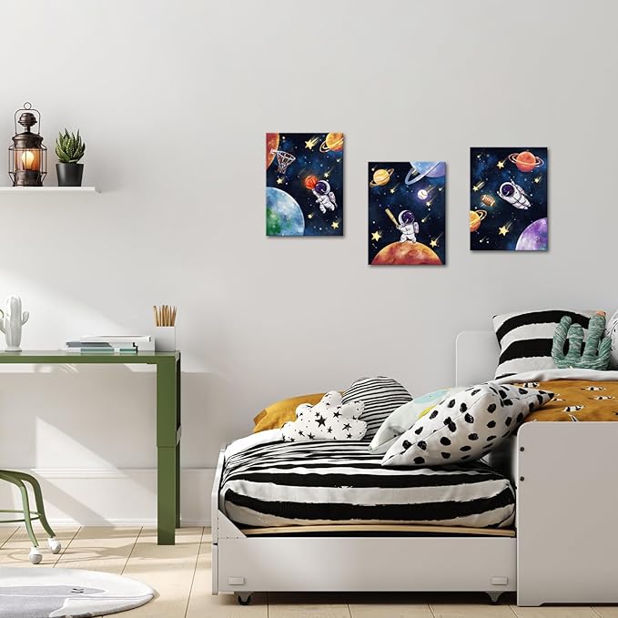 Biuteawal 3 Panels Space Wall Art Cute Astronaut Play Basketball Football Baseball Sports Picture Universe Theme Canvas Painting Funny Art Boys Girls Kids Bedroom Nursery Room Decor