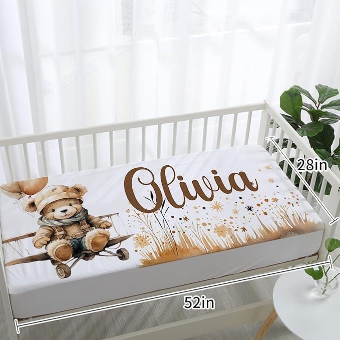 Custom Baby Crib Bedding Set, Personalized Name Balloon Bear Design Crib Set 3 Pcs, Soft Double Layer Blanket, Crib Sheet & Room Rug, Ideal Nursery Decor Gift for Baby Girls Boys