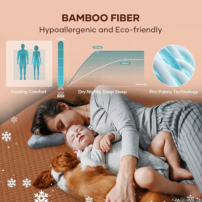 OhGeni 100% Waterproof Mattress Protector,Queen Size Mattress Soft Pad,Hair & Bedwetting Resistant,Cooling Breathable Fitted Sheets,Washable Bed Cover,Non-Slip Deep Pocket,Noiseless for Bedroom,Orange