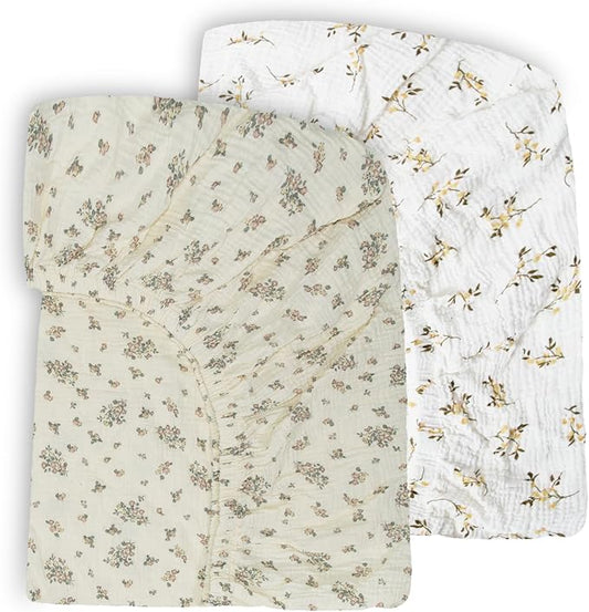 Ultra Soft Muslin Crib Sheets for Baby, Premium Breathable Organic Cotton Crib Fitted Sheet for 52’’x28’’Standard Crib and Toddler Mattress.2 Pack Flower Pattern