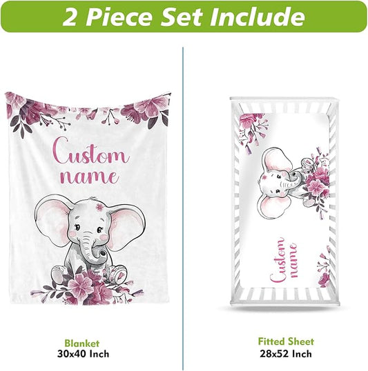Personalized Baby Crib Bedding Set, Custom Name Floral Elephant Baby Bedding 2-Pcs Set - Soft Double Layer Dotted Blanket and Fitted Sheet, Nursery Bedding for Newborn Boys Girls, Perfect Shower Gift