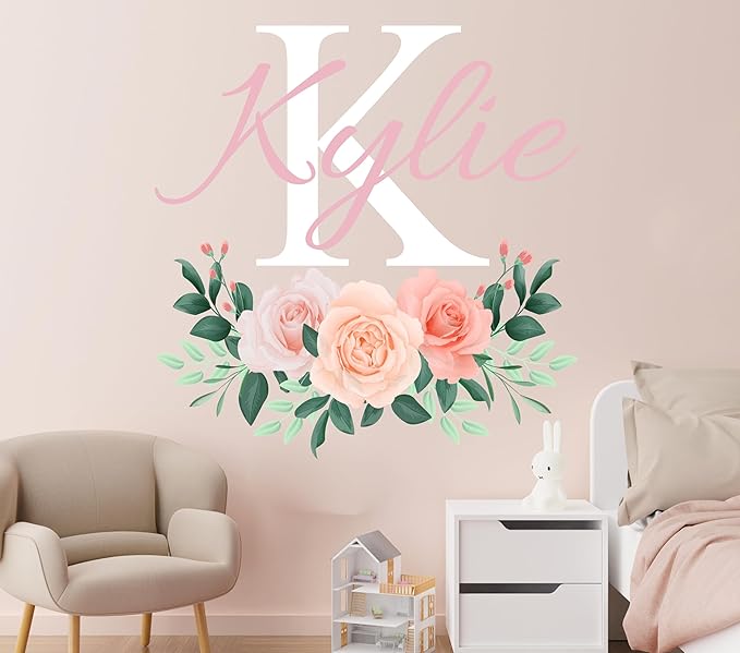 CuteDecals Flowers Custom Name & Initial Wall Decal - Personalized Peonies Art Decor Mural Girls Stickers For Nursery Bedroom Decoration (Mini Wide 15''x13'' Height)