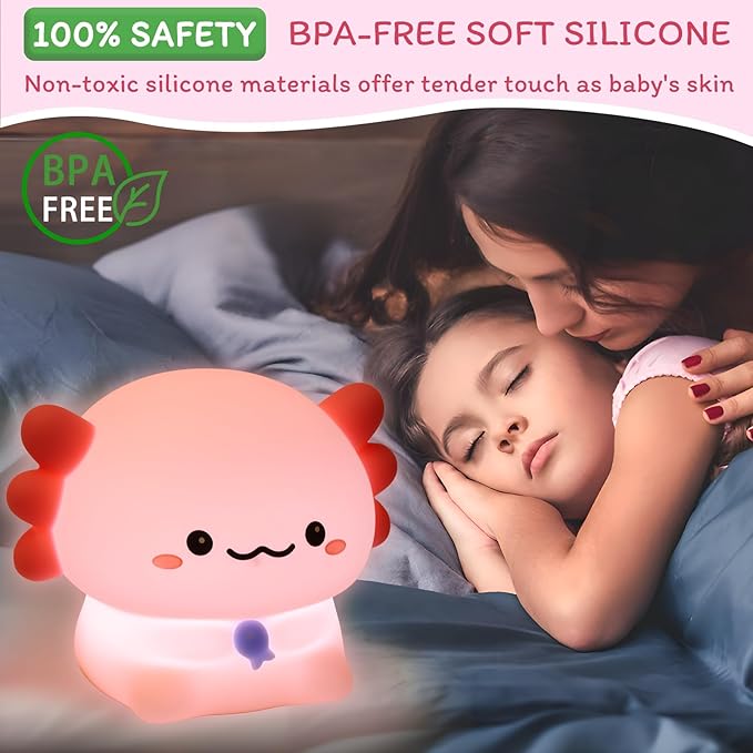 MAGOHMT Axolotl Night Light for Kids - 3-Level Dimmer & Auto-Off Timer, Child-Safe Silicone Lamp, USB-C Rechargeable Nursery Light for Bedroom Breastfeeding (Squishy Animal)