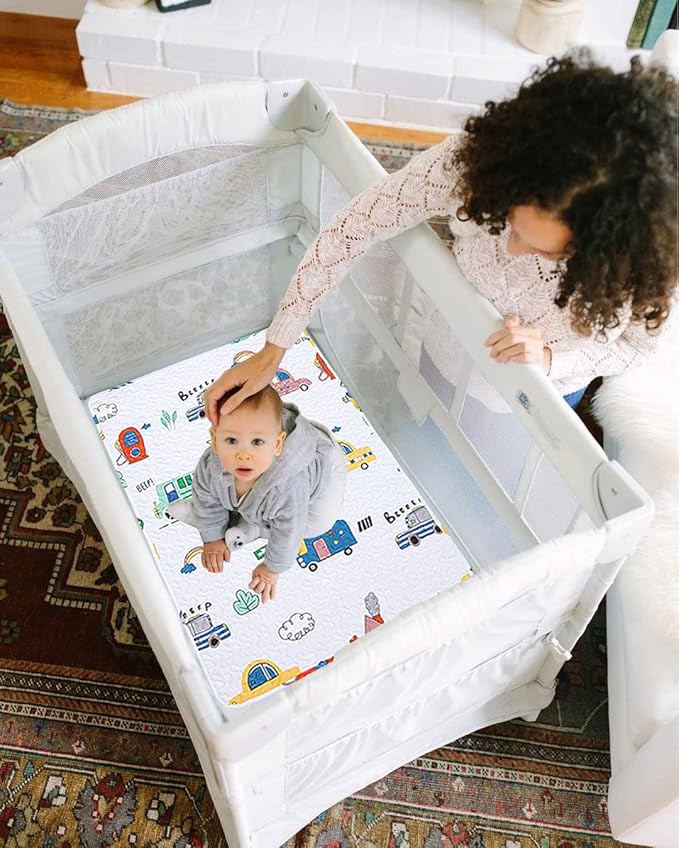 Padded Pack n Play Sheets Breathable Thick Pack and Play Mattress Protector, Quilted 38x26” Playard Sheet Fitted for Graco, Portable Mini Cribs and Foldable Mattress Pad, Soft Playpen Mattresses Cover